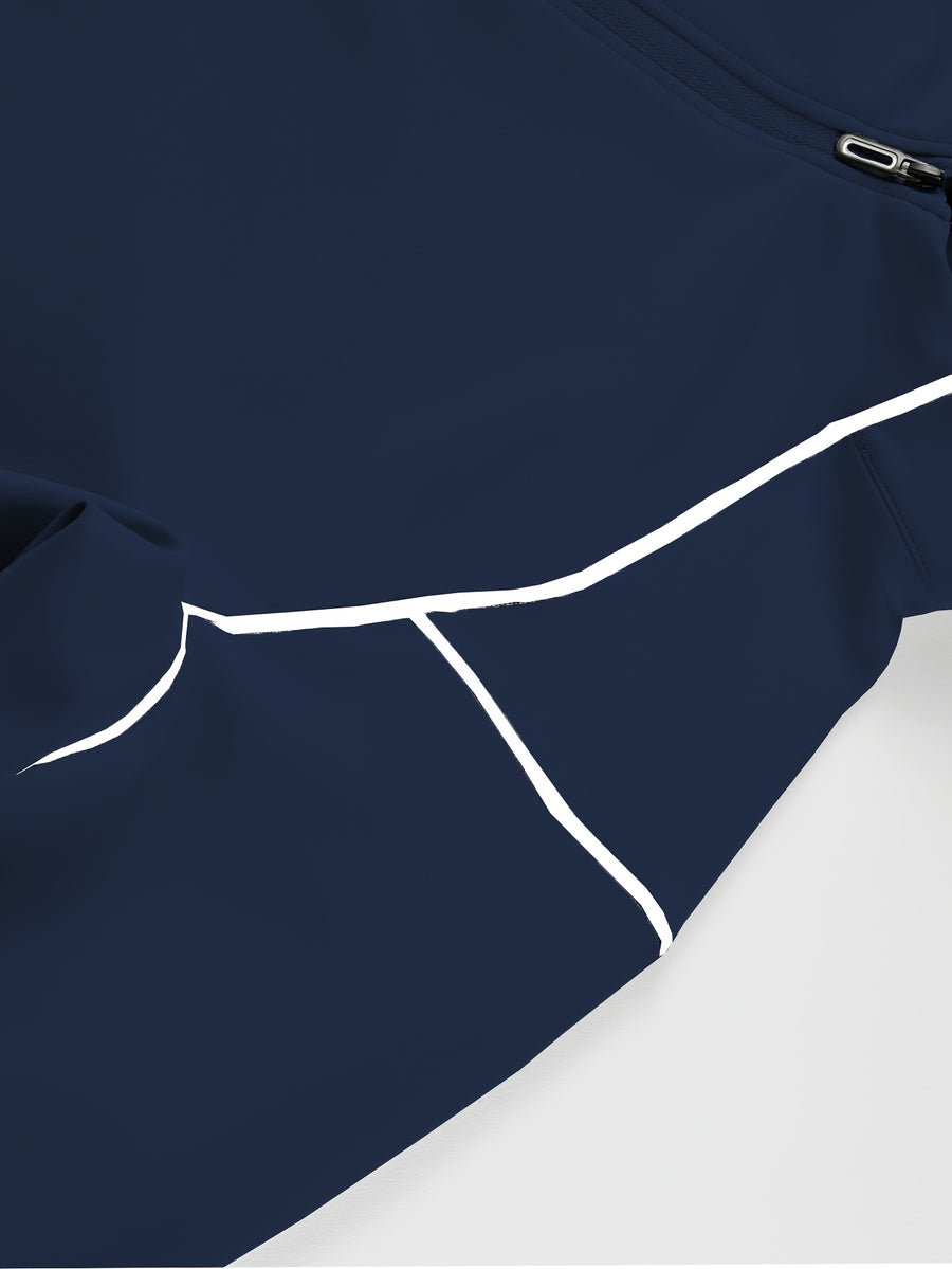 Single Pc Men'S Multi-Color Elastic Sports Fabric Long Sleeve Shirt, Half-Zipper Stand Collar, Contrast Line Decoration, Drop Shoulder Structure, Easy Techwear Style, Spring/Autumn Fit Waist-Cinching Shape - Dark Blue
