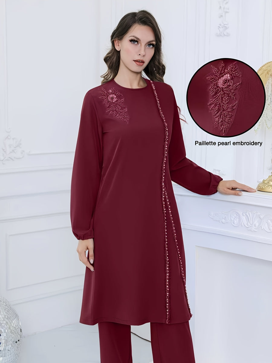 Women'S Sequined Flower Bead Embroidery Rhinestone Decorated Round Neck Long Sleeve Top with Drawstring Adjustable Pants, Elegant Business Fashion Design, Suitable for Festival Party Two-Piece Set - Burgundy
