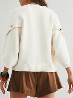 Women'S Round Neck Batwing Sleeve Pullover Sweater, Autumn Casual Regular Soft Solid Short Length 3/4 Sleeve Top, Side Slit Button Detail Daily Commute Base Layer (Prefer Loose Fit, Recommended Size Up) - Apricot