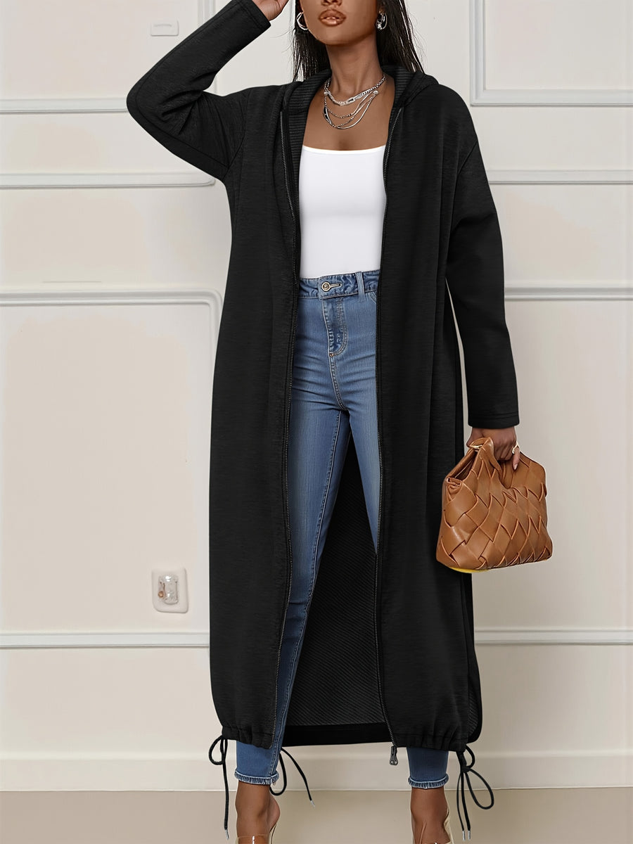 Stylish Gray Hooded Long Sweatshirt Cardigan, Loose And Casual Style Jacket for Women - Black