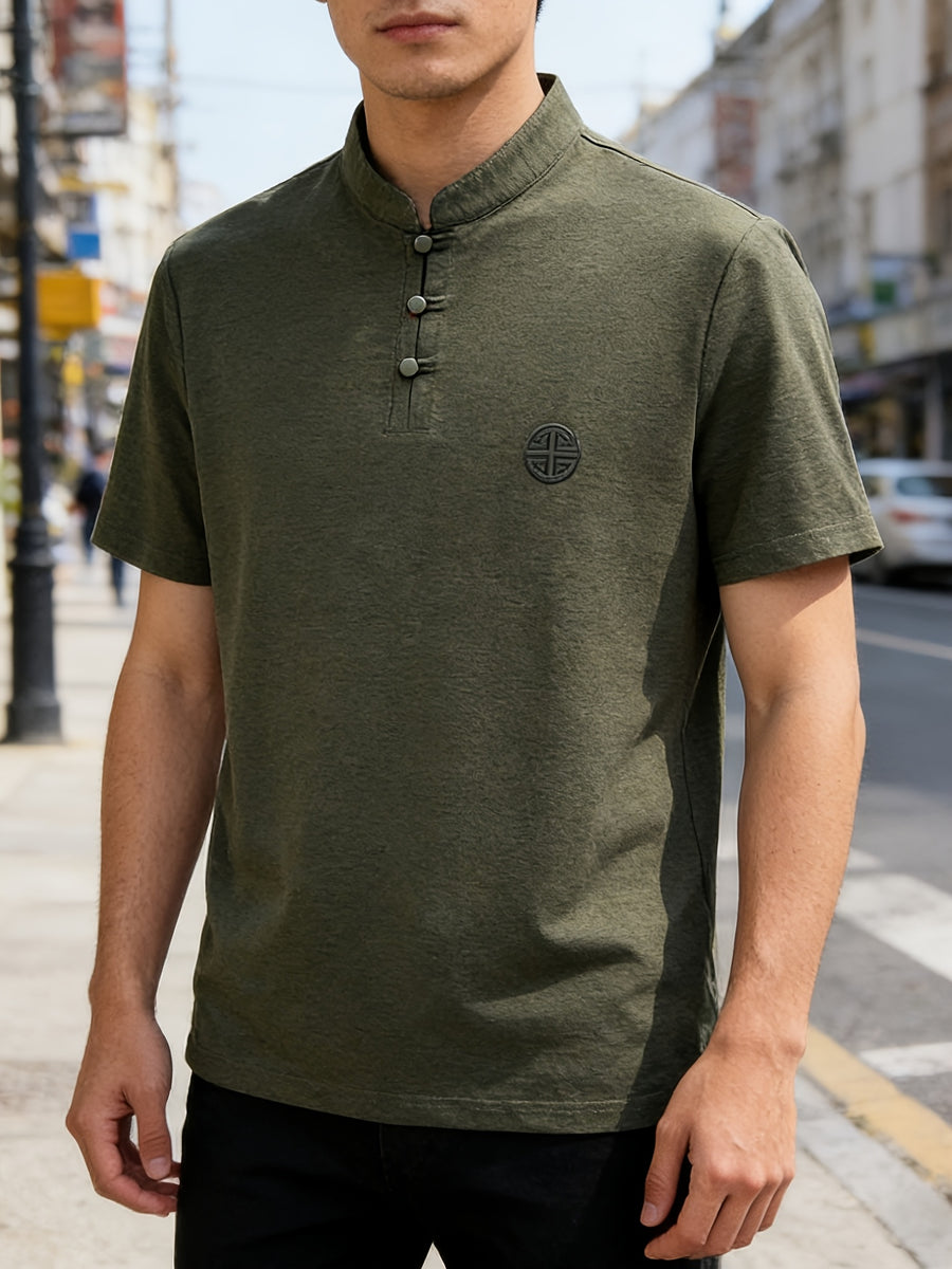 Summer New Fashion Chinese Style Comfortable Fabric Men'S Casual Sports Polo Shirt Short Sleeve, Gift, Casual Wear - Olive Green