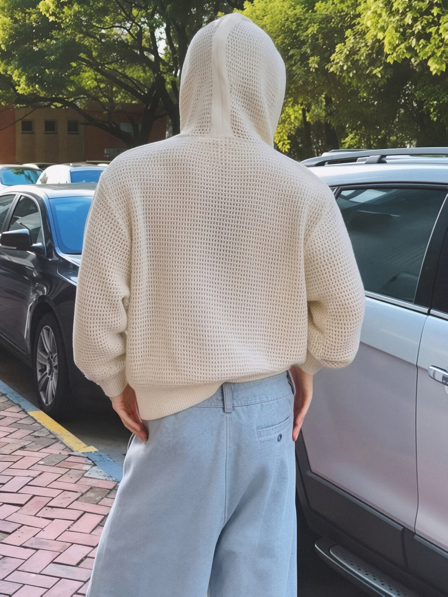 Spring And Autumn Men'S Knit Sweater, Hooded Round Neck Cardigan, Hollow Design, Casual Sporty Retro Style, Comfortable Soft Fabric, Men'S Sweater - Apricot