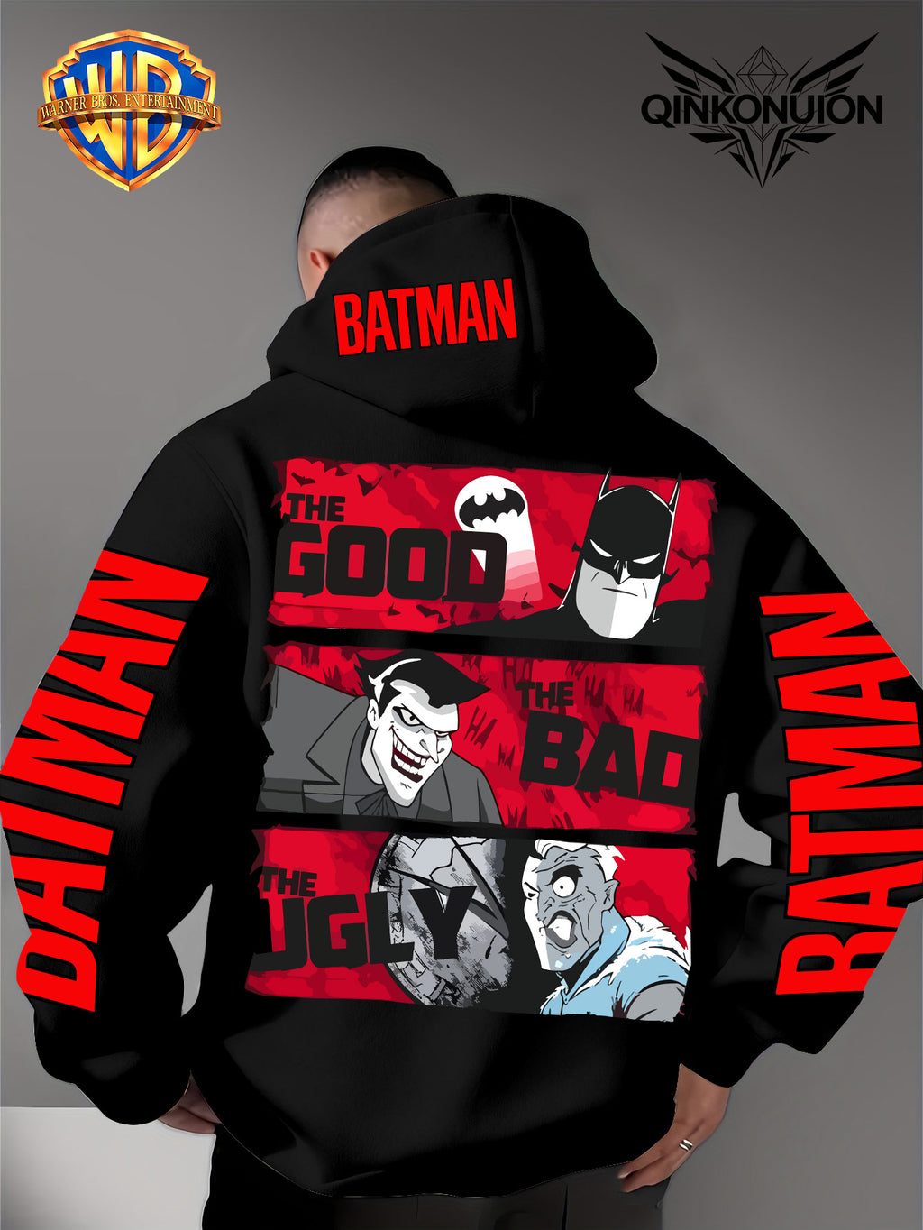 Warner Official Men's Hoodie, Red Bottom Three Grid Comic Batman Joker  Character Print Design, Machine Washable, Warm and Casual for Autumn and Winter, Daily Drawstring Hoodie, Multi Functional Sports and Leisure Loose Version - Black