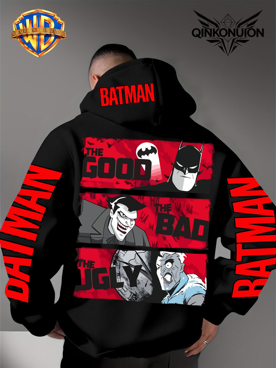 Warner Official Men's Hoodie, Red Bottom Three Grid Comic Batman Joker Character Print Design, Machine Washable, Warm and Casual for Autumn and Winter, Daily Drawstring Hoodie, Multi Functional Sports and Leisure Loose Version - Black