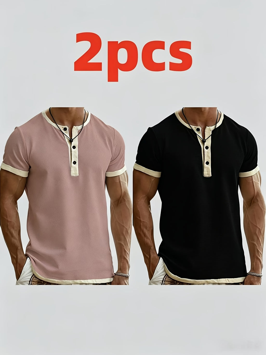 2pcs Men'S Henley Short-Sleeve T-Shirt, Slim-Fit Casual Top, Contrast Color Design, Ideal for Pool Parties, Beach Vacations, And As a Gift for Beachwear, Daily Commute, Casual, Lazy - Pink+Black