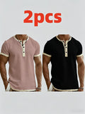 2pcs Men'S Henley Short-Sleeve T-Shirt, Slim-Fit Casual Top, Contrast Color Design, Ideal for Pool Parties, Beach Vacations, And As a Gift for Beachwear, Daily Commute, Casual, Lazy - Pink+Black