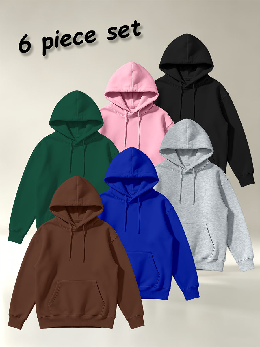 [Villa Joy Water OBM] 6pcs Set Solid Color Basic Hooded Sweatshirt Set Unisex Multi-Color Loose Pullover with Kangaroo Pocket Basic Style Autumn Winter Hoodie Combination - Brown+Royal Blue+Light Gray+Dark Green+Pink+Black