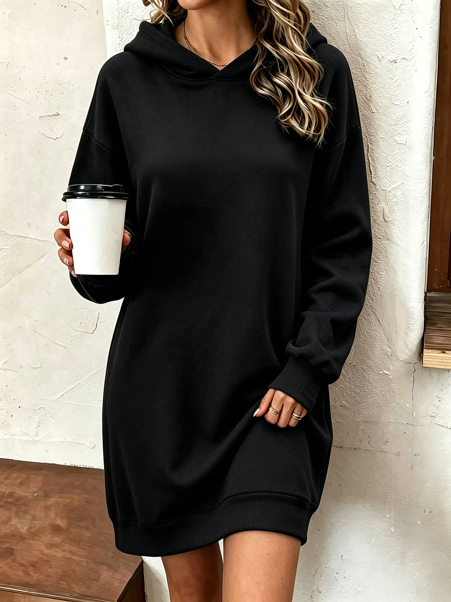 Long Hooded Sweat Dress Women'S Autumn Winter Thickened Fleece Top Women'S Versatile Loose Casual Long Sleeve Hoodie - Black