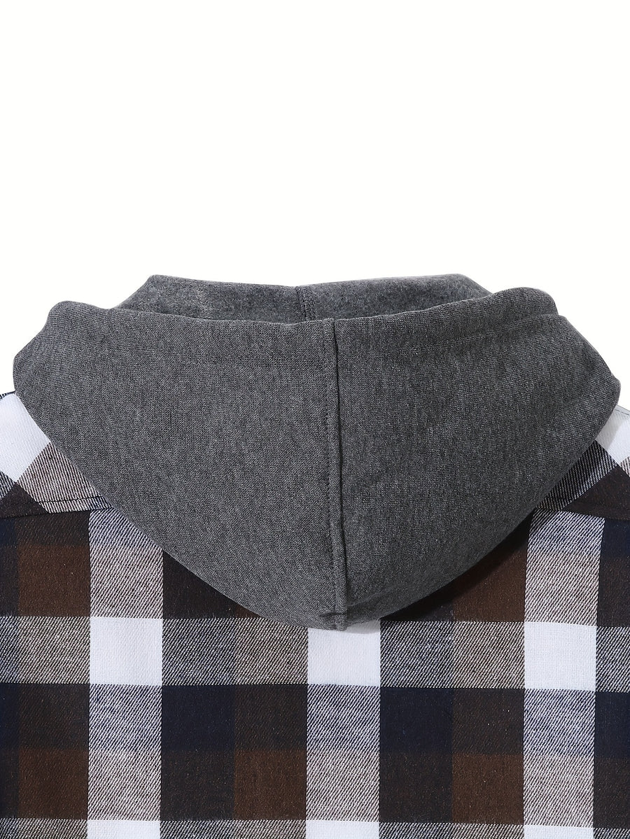 Men'S Plaid Hoodie Fashion Hoodie Fleece Shirt Price Long Sleeve Casual Button-Up Hoodie, Autumn Essentials - White-brown-blue
