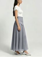 [Printed Skirt - Not Faux Denim Fabric]Temperament Commuter Imitation Faux Denim Patchwork Half Skirt, High-Waist Mesh Pleated Flared Long Dress Spring Summer Versatile Style Kydx - Slate Grey