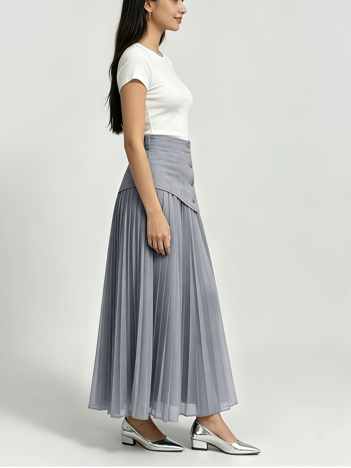 [Printed Skirt - Not Faux Denim Fabric]Temperament Commuter Imitation Faux Denim Patchwork Half Skirt, High-Waist Mesh Pleated Flared Long Dress Spring Summer Versatile Style Kydx - Slate Grey