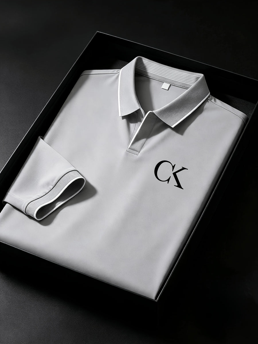 Quick-Dry V-Neck Men'S Golf Polo with Contrast Cuffs, Classic Logo Print, Luxury Contrast Collar, Anti-Pilling Breathable Fabric, Ideal for Sports, Business Casual, Commuting, Golf, And Business Settings - Silvery Grey