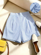 Women'S Summer New French Elegant Easy Casual Fashion All-Match Striped A-Line Short Skirt Pants - Blue And White