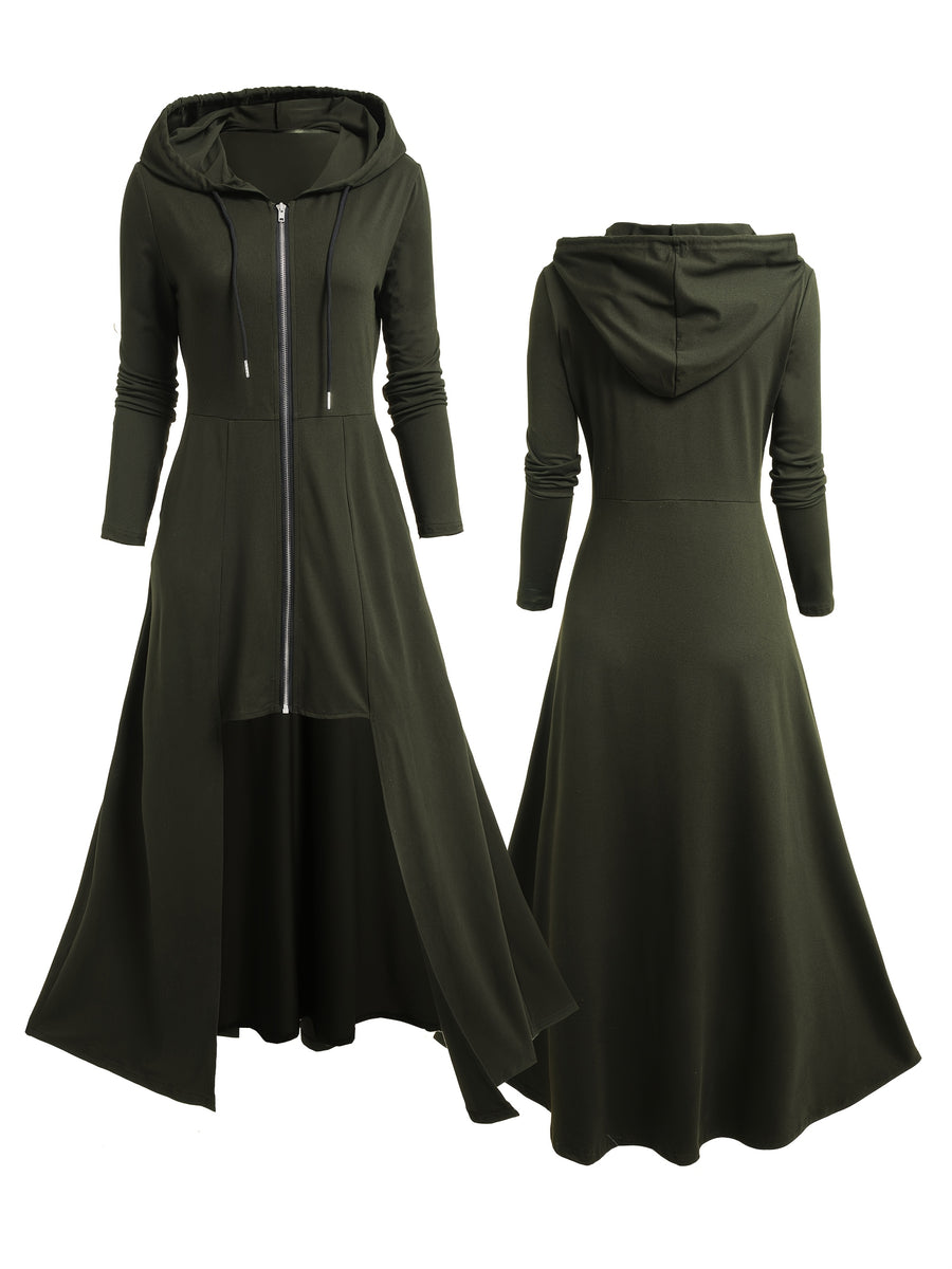 Gothic Ultra-Long Tailcoat Cardigan with Zipper And Hood, Pockets Included, Long Length Hooded Openable Zipper Jacket, Mysterious Ghost Coat, Enigmatic Hooded Ultra-Long Coat - Olive Green