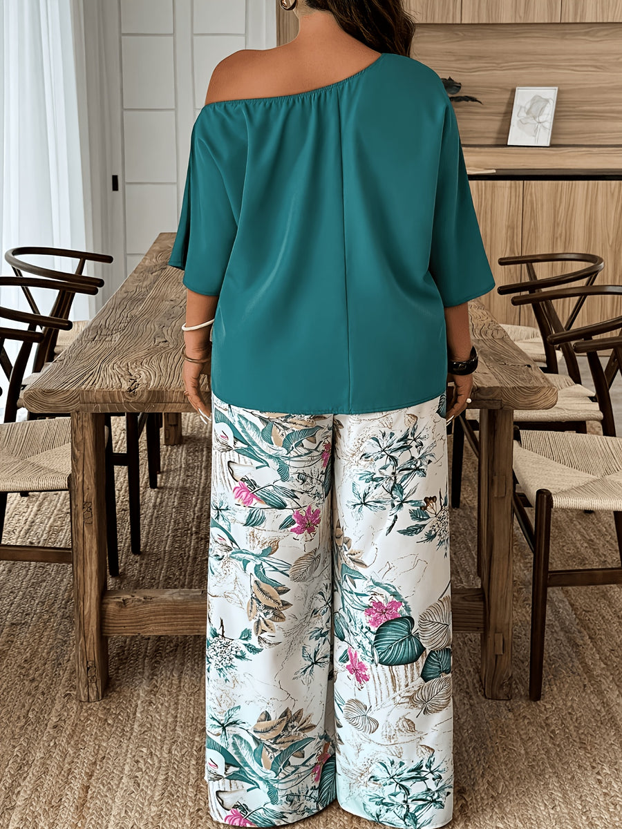European and American Style Women's Elegant 2pcs Set: Solid Color Off-Shoulder Loose Pullover Paired with Floral Print Pants,, Comfortable, Versatile for Commuting and Vacation, Fashionable Set - Dark Cyan