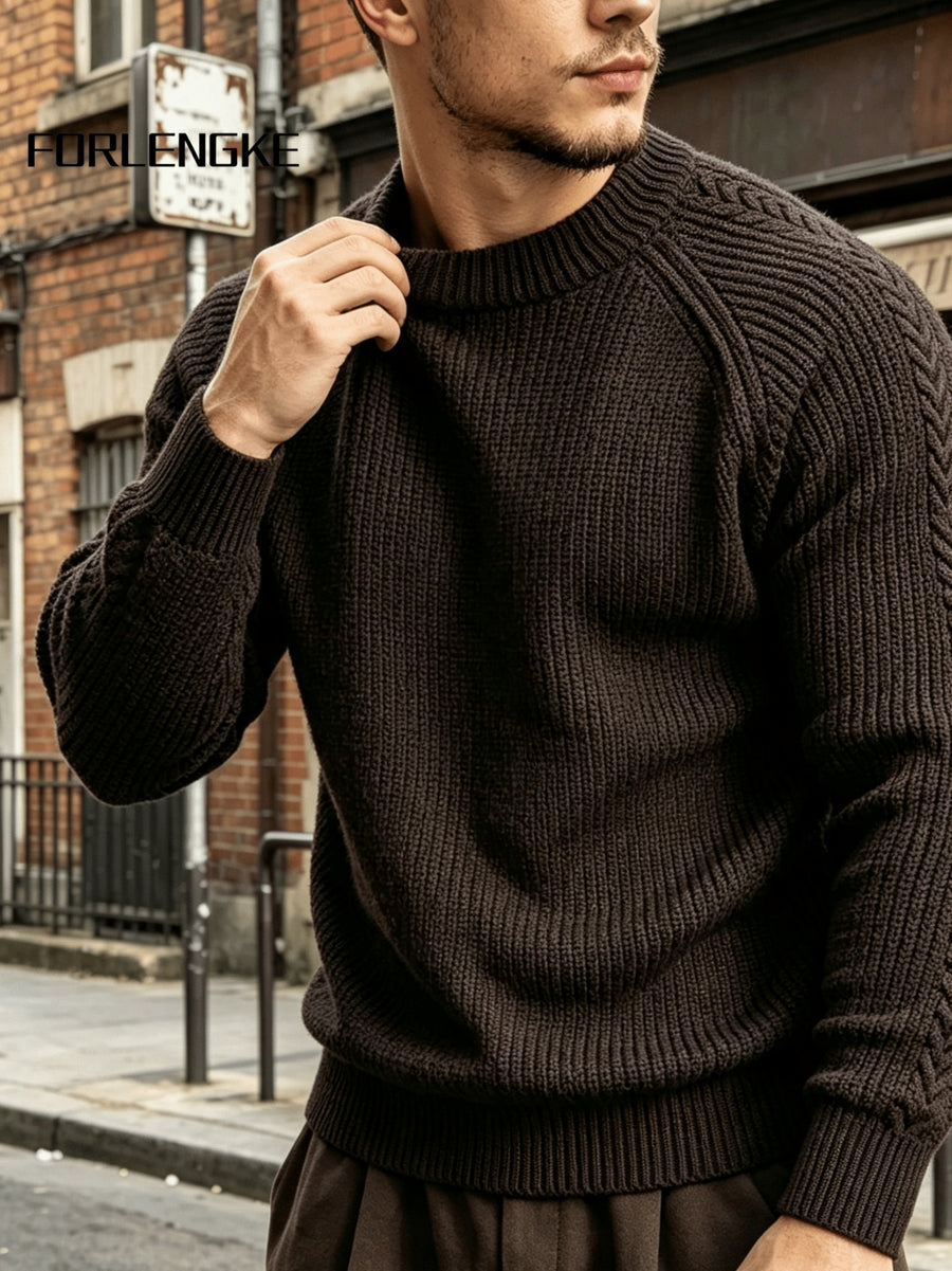 FORLENGKE Men's Vintage Crew Neck Sweater with Cable Knit Sleeves, Heavy Thick Pullover for Fall and Winter, Loose and Casual Fit for Young and Middle-Aged Men, Perfect for Daily Wear, Commuting, Street Style, Layering, Available in Multiple Colors - Coffee Color