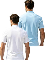 2pcs Men'S Short Sleeve Casual Athletic Polo Shirt Set, Zipper Collar, Comfortable And Breathable, Original Design - White with light blue