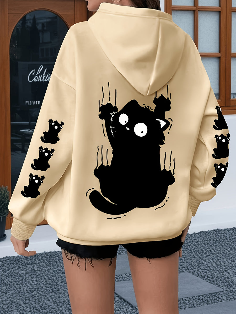 Women's Hoodie with Scared Cat Print, Fashionable Women's Apparel - Apricot