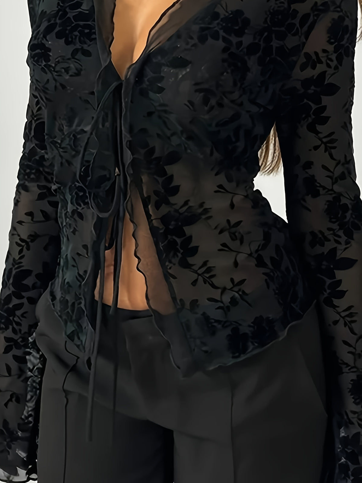 Women'S Spring Summer Temperament Elegant Floral Mesh Lace Ruffled Flared Sleeve Blouse - Black