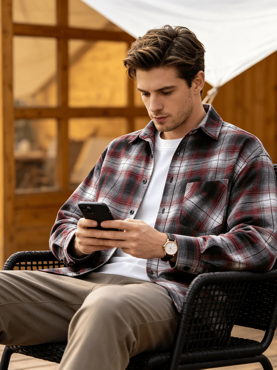 Men'S Plaid Long Sleeve Shirt, Lapel Button Design Loose Fit Fashion Casual Outdoor Street Versatile All-Season Base Layer - Black And Red Grid