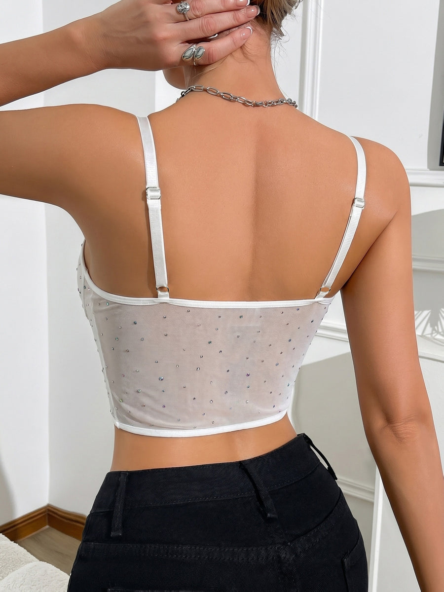 Cross Border Fashion Mesh Illuminated Patches from Europe and the United States Shimmer, Slim Fit, Sexy, High-end Camisole, Small Vest, Women's Top, Base Layer - White