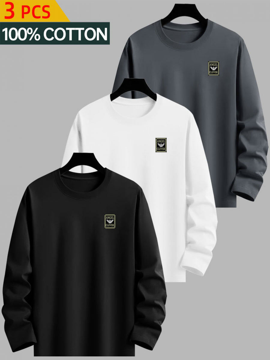 3-Pc - 100%, Men'S Long Sleeve T-Shirt for Spring And Autumn, Round Neck Undershirt Top, Creative Pattern, Comfortable Fabric, Essential for Outdoor Sports - Combination Color 2