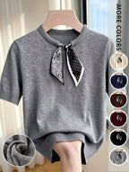 Gray Short-Sleeve Sweater with Scarf Bow Tie Collar - Round Neck Blouse-Compatible Suitable for Layering or Outerwear, Medium Stretch - Sweater for Commuting, Office & Casual Wear, Hand Washable Solid Color - Grey
