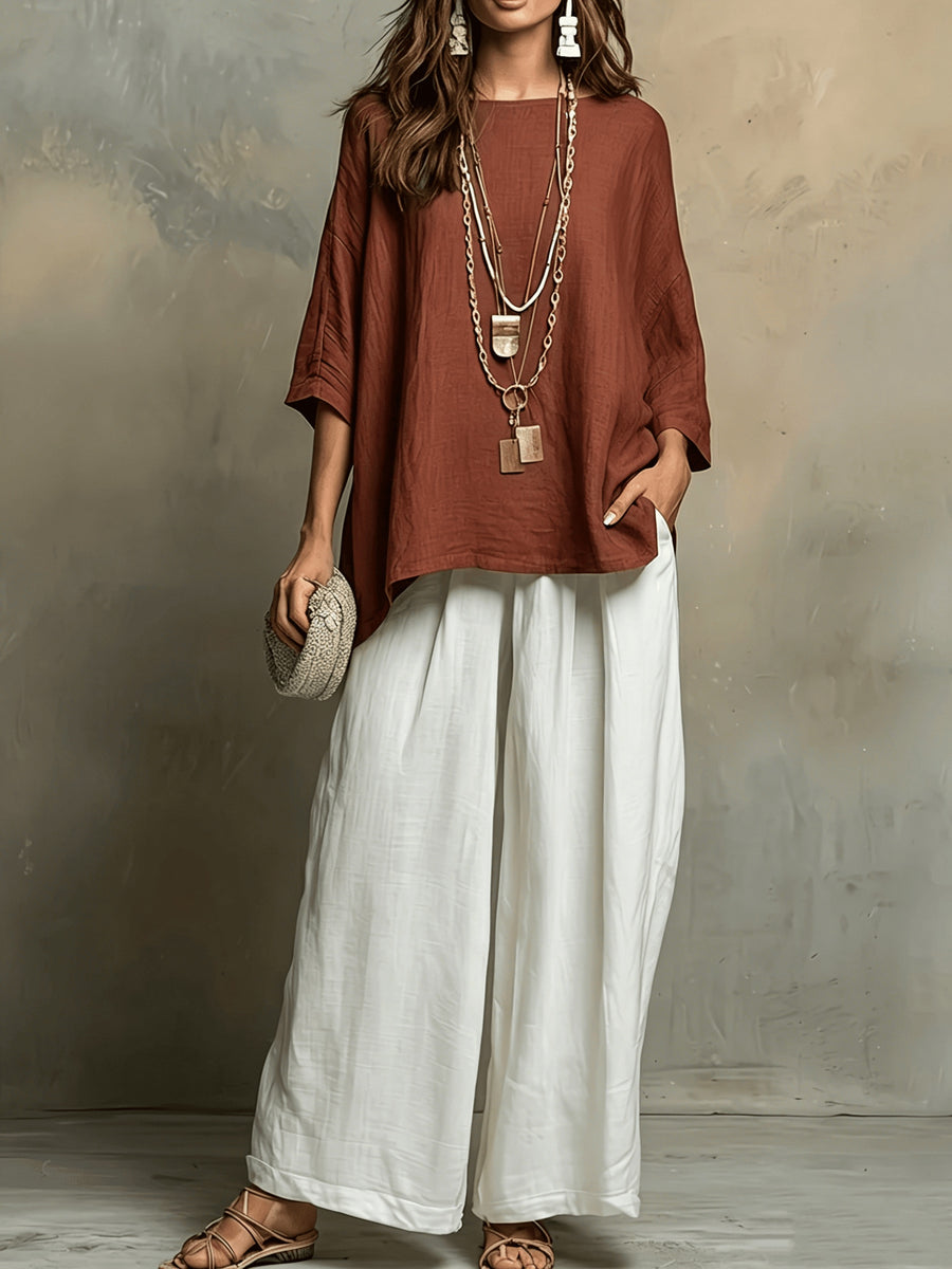 Bohemian Spring Summer New Loose Elegant Color-Block Set Women'S Round Neck Short Sleeve Solid Top And High-Waist Wide-Leg Pants 2pcs Set Western Casual Vacation Suit - Rust