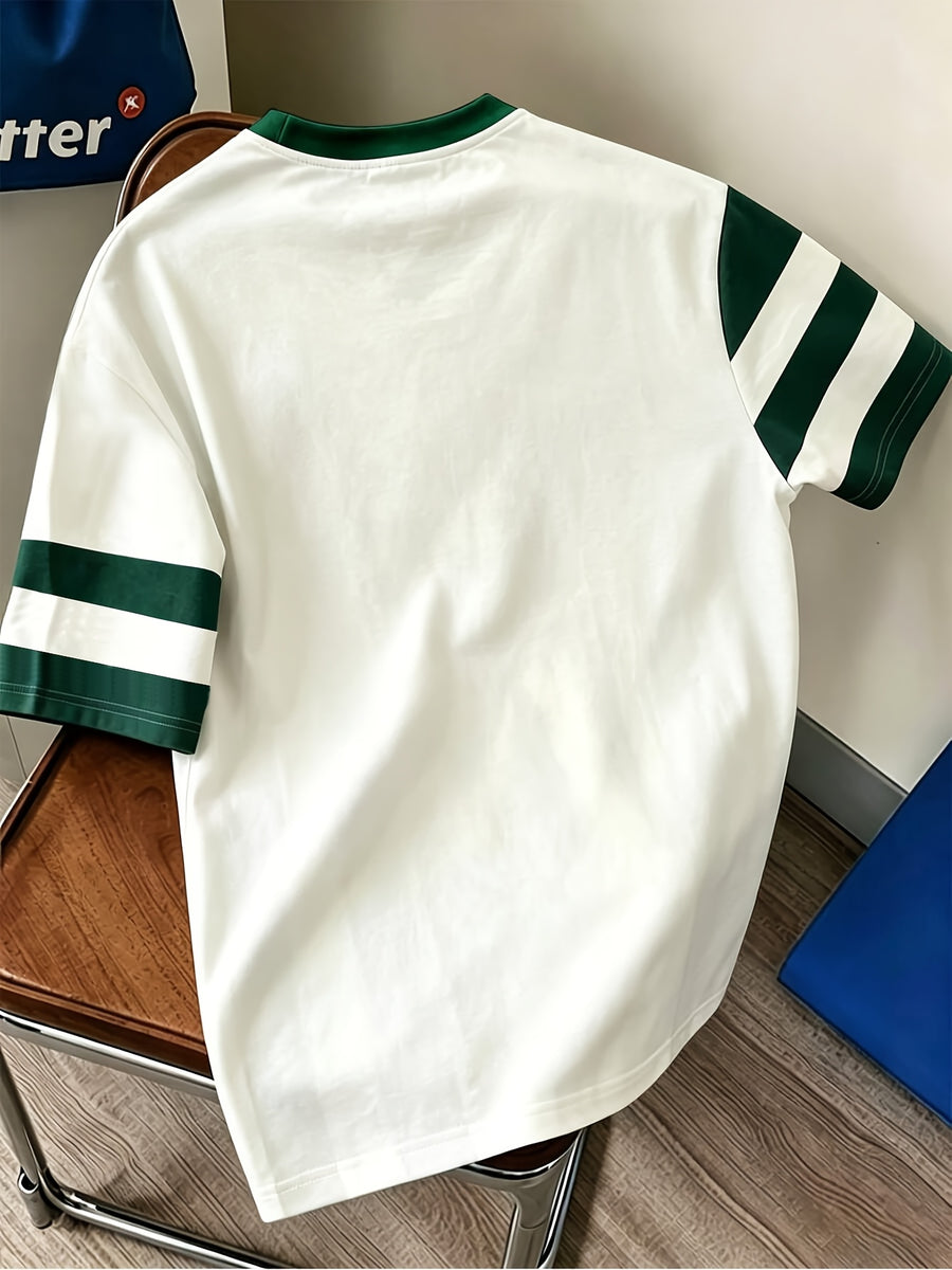 Men's Color Block Striped Crew Neck Short Sleeve T-Shirt, Simple Sporty Casual Color Block Striped Short Sleeve Top, Comfortable, Casual, Daily Wear, Digital Print - No Texture - Multicolor A