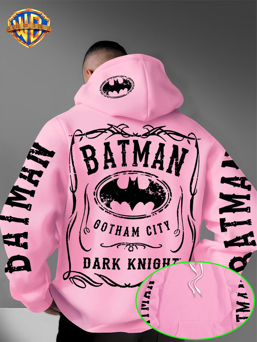 Warner Bros. Authorized American Cool Batman Retro Border Printed Hooded Sweatshirt with Adjustable Drawstring, Comfortable And Warm, Fashionable And Versatile Men'S Casual Sweatshirt, Suitable for Autumn And Winter Wear - Pink Color