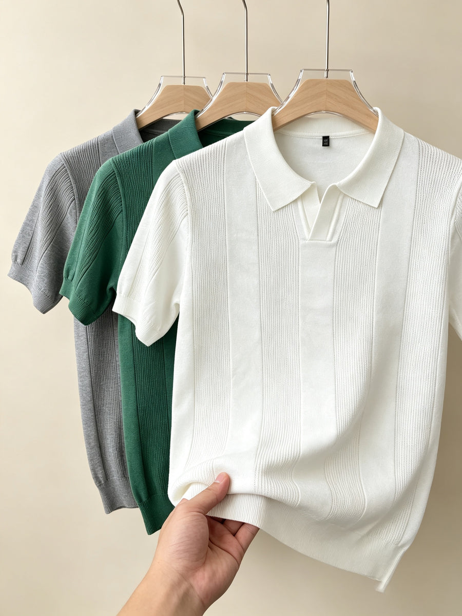 Men 3pcs Vertical Textured Knit Polo Shirts, Slim Fit Notch Collar Short Sleeve Knitwear, Lightweight Comfort Shirts for Office Vacation Daily Wear - Gray-Green-White