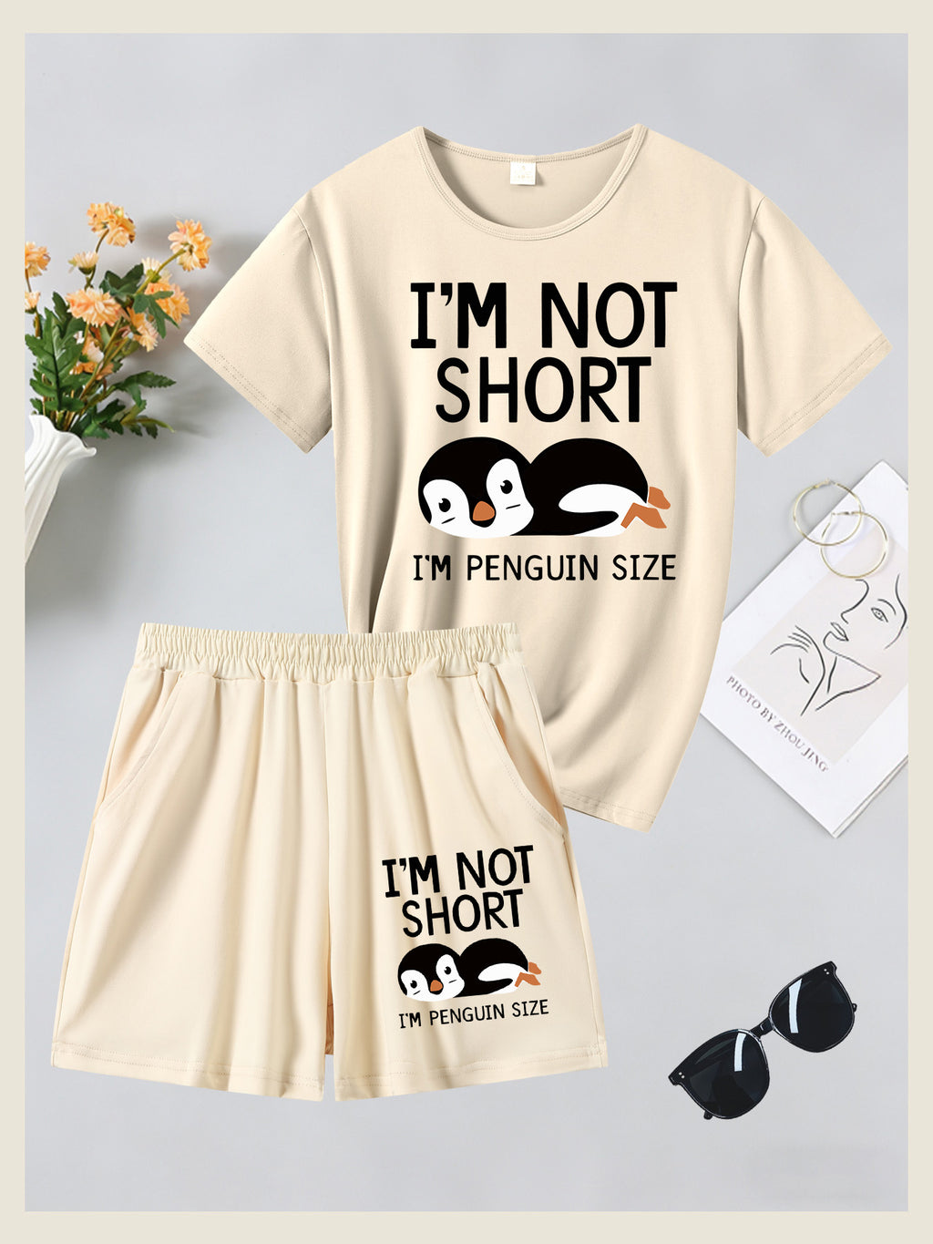 2pcs Women'S Summer Short Sleeve Set - I'M NOT SHORT Fun Penguin Print Short Sleeve And Shorts Outfit, Comfortable, Soft, Breathable Sportswear for Daily Wear, Suitable For, Campus, Valentine'S Day, Women'S Pajamas, Jogging, Fitness - Apricot + Apricot