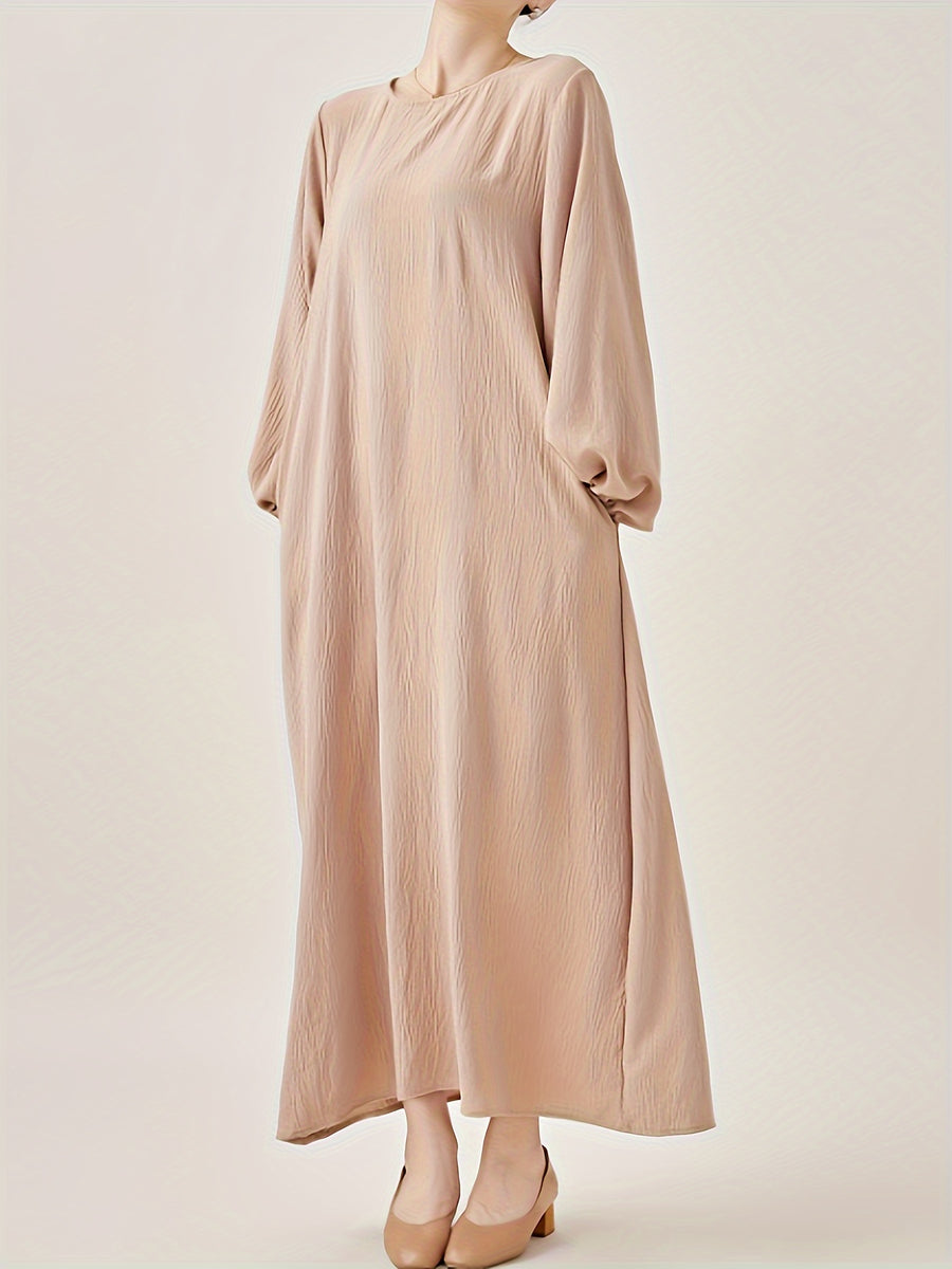Comfortable & Casual Solid Color Muslim Dress with Bubble Pleats, Elastic Cuffs, and Flowy Hem - Polyester, Machine Washable - Khaki