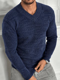 Easy Urban Style Multicolor Knit Textured Fabric Men'S V-Neck Long Sleeve Pullover Top, Solid Color Slim Fit And Ribbed Collar Design, Suitable for Daily Commute, Business Casual, Layering And Autumn Winter Wear - Royal Blue