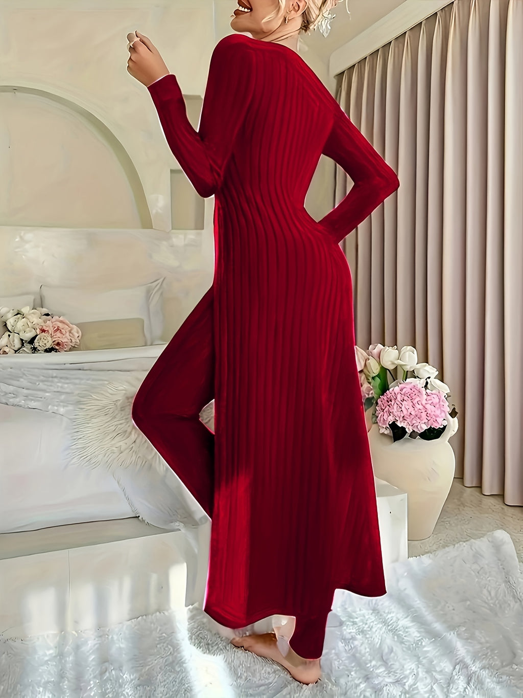 Autumn-Winter Casual Robe and Long Pants Set, High Slit Dress Set, Hair Needle Material, Suitable for Daily Wear, Home Casual Wear - Brick Red