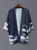Landscape Print Open Front Kimono, Casual 3/4 Sleeve Loose Coverup Kimono, Women's Clothing - Navy Color