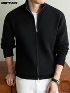 Men's Heavyweight Thick Striped Zip Neck Stand Collar Knit Cardigan, Warm Casual Layering Top for Fall and Winter - Black
