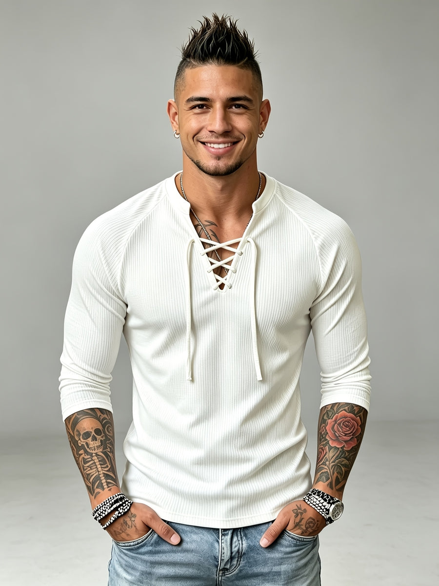 3pcs Set of New Men'S Long Sleeve Drawstring Henley Shirts, Ribbed Knit V-Neck Muscle T-Shirts, Slim Fit Stretch Fitness Tops, Casual Street Fall Winter Base Layers, Slim But Not Tight, Suitable for Commuting And Dates, Multi-Color Options - Gray+green+white