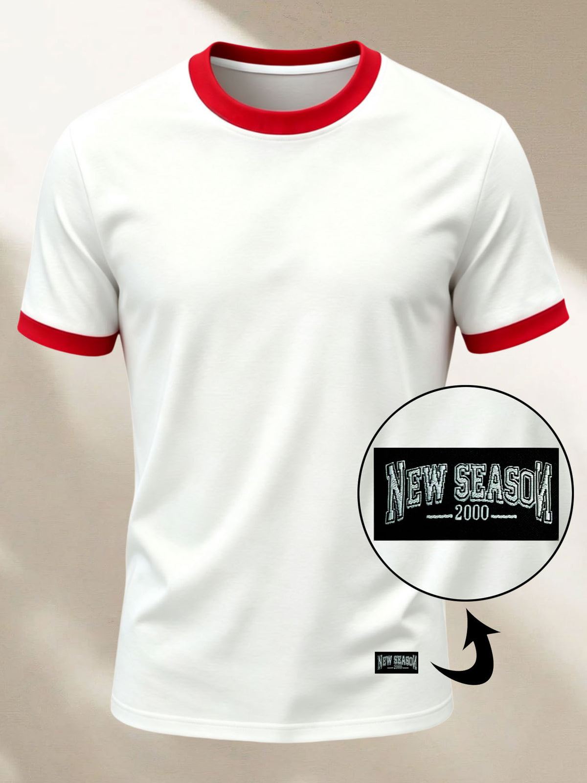 100% Cotton Men's Knitted Color-Block Crew Neck Patched T-Shirt, Summer All-Season Base Layer, Factory-Made for Men, Comfortable, High Quality, High Fit Rate, Casual Sportswear with Contrast Hem and Patch Appliqué - White with Red ZZ020