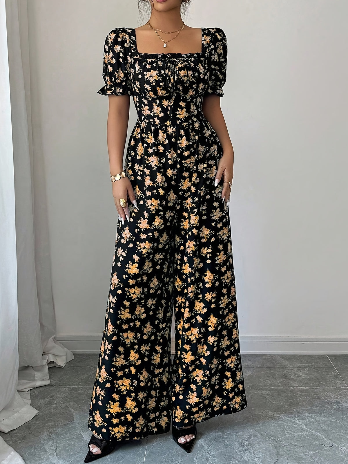 Women'S Elegant Vacation Style Waist-Cinching Printed Jumpsuit, Summer Jumpsuit, Wide-Leg Printed Jumpsuit, Long Length Printed Jumpsuit - Yellow