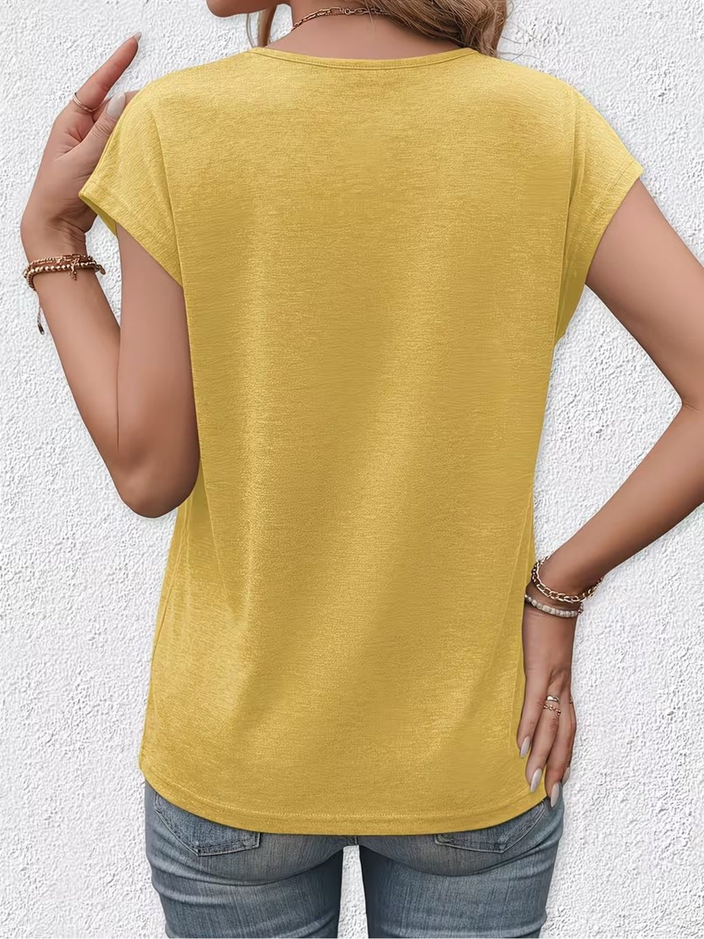 New Summer Women's V-Neck Fake Button Covered Sleeve T-Shirt, Solid Color Casual Top, Machine Washable - Suitable for Daily and Home Wear - Yellow