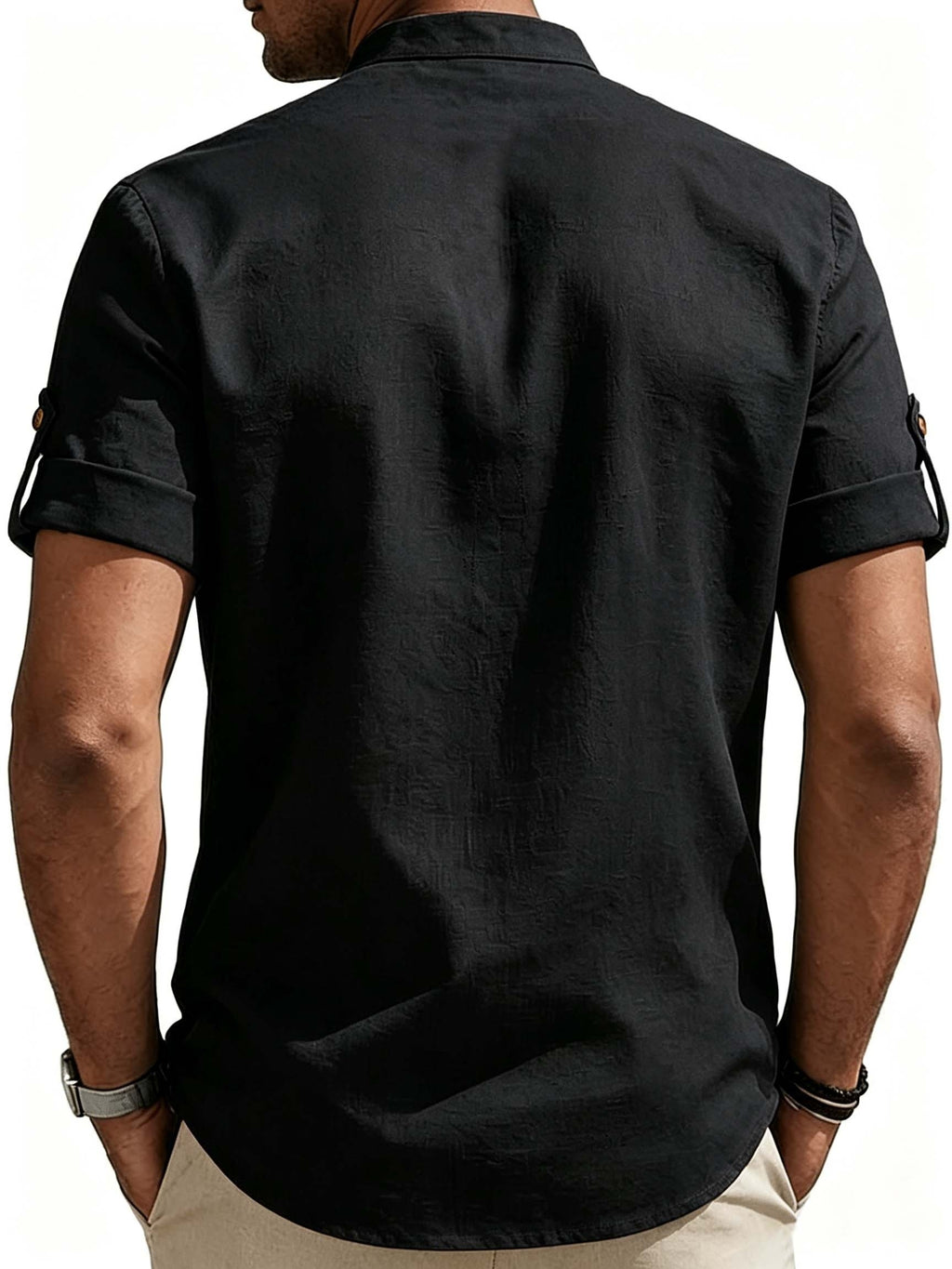 Men'S Short Sleeve Shirt, Stand Collar Half-Button Cuff with Roll-Up Sleeves, Business Casual Breathable Top - Black