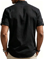 Men'S Short Sleeve Shirt, Stand Collar Half-Button Cuff with Roll-Up Sleeves, Business Casual Breathable Top - Black