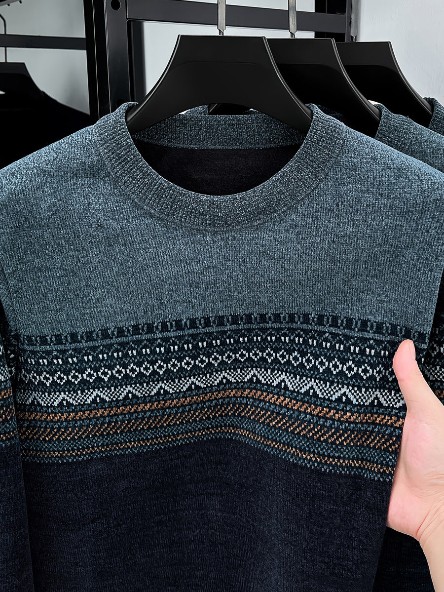 Men's Crew Neck Jacquard Knit Sweater, Autumn/Winter Mid-Life Warm Base Layer Top - Navy Color