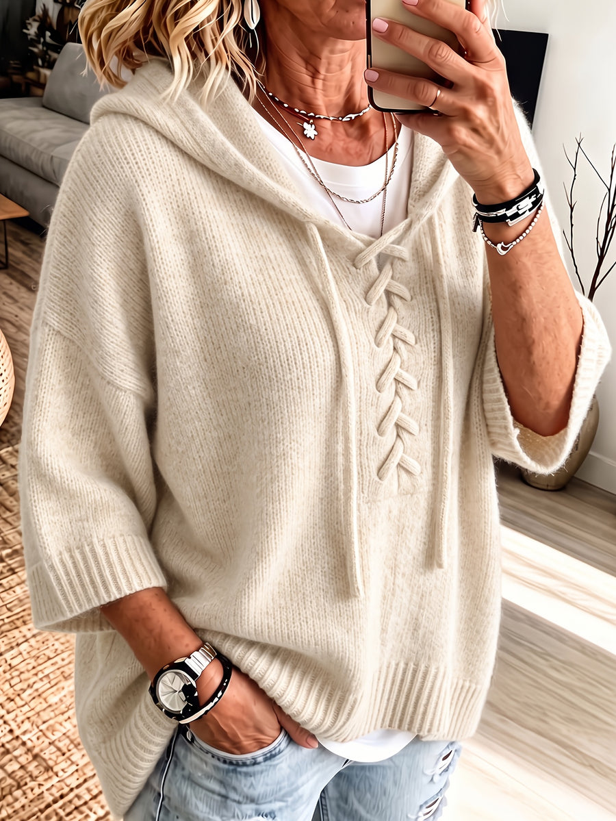 Niannian Fashion Women's Casual Solid Color Pullover, Drawstring Hooded Drop Shoulder Loose Fit Top, Plain Weave Three-Quarter Sleeve Comfortable Casual Sweater, Perfect for Layering in Spring, Autumn, and Winter - Apricot Flower