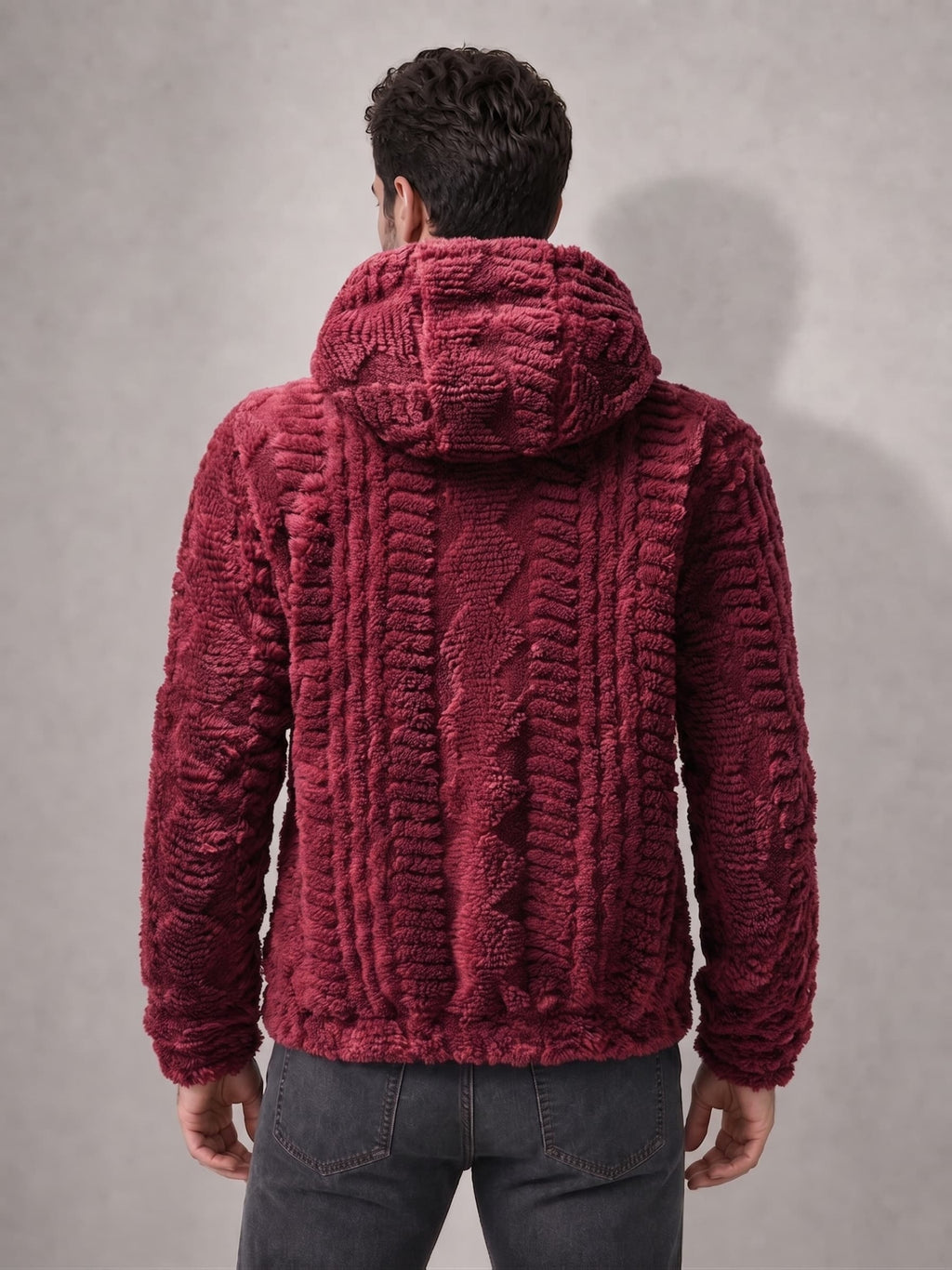 Men'S Plush Fleece Hooded Jacket, Full-Zip Long Sleeve Outerwear with Hand Pockets, Elastic Cuffs And Hem, Solid Color Textured Casual Jacket for Fall/Winter Daily Wear, Travel And Outdoor Activities - Burgundy