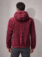 Men'S Plush Fleece Hooded Jacket, Full-Zip Long Sleeve Outerwear with Hand Pockets, Elastic Cuffs And Hem, Solid Color Textured Casual Jacket for Fall/Winter Daily Wear, Travel And Outdoor Activities - Burgundy