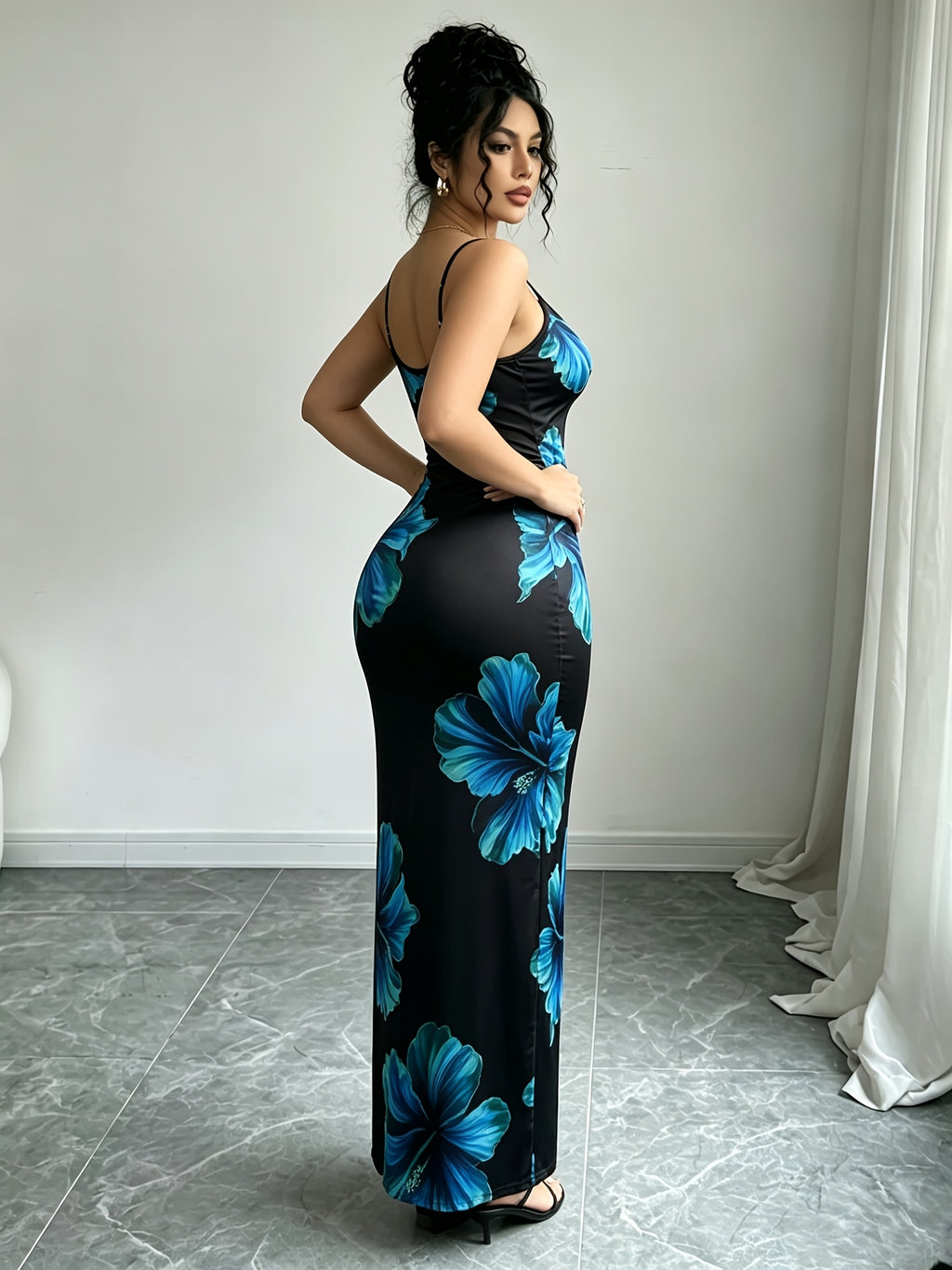 Women'S Adjustable Strap Printed Cami Dress, High-Waist Cinched -Lifting Long Skirt, Stretchy And, Suitable for Beach Vacation/Music Festival/Casual Date Wear - Black