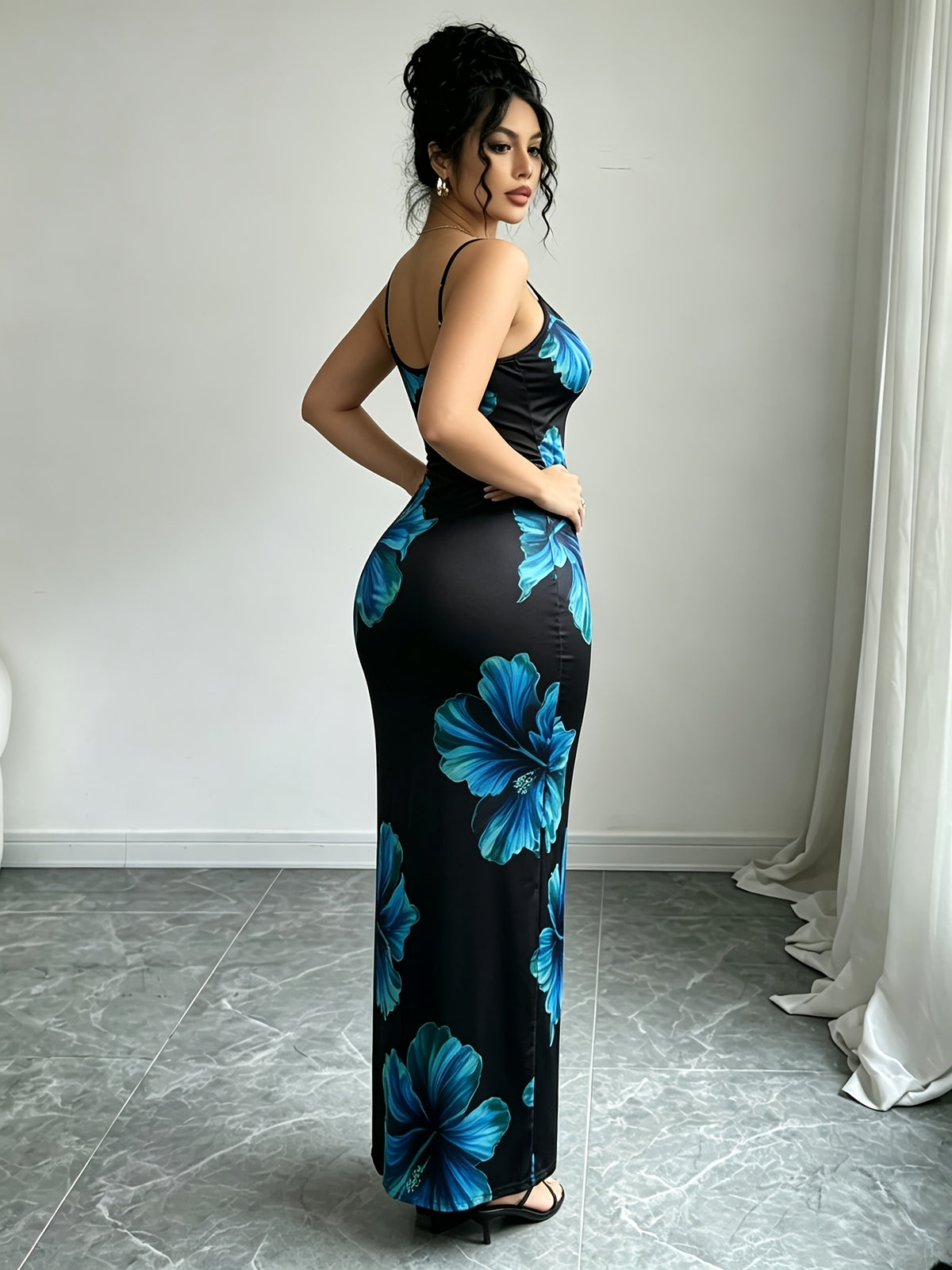 Women'S Adjustable Strap Printed Cami Dress, High-Waist Cinched -Lifting Long Skirt, Stretchy And, Suitable for Beach Vacation/Music Festival/Casual Date Wear - Black