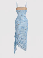 Women'S Bridesmaid Formal Wear Wedding Party Sexy Split Butterfly Printed Spaghetti Strap Ruffled Sleeveless Bodycon Women'S Long Dress Wedding Guest Attire Women'S Clothing - Sky Blue